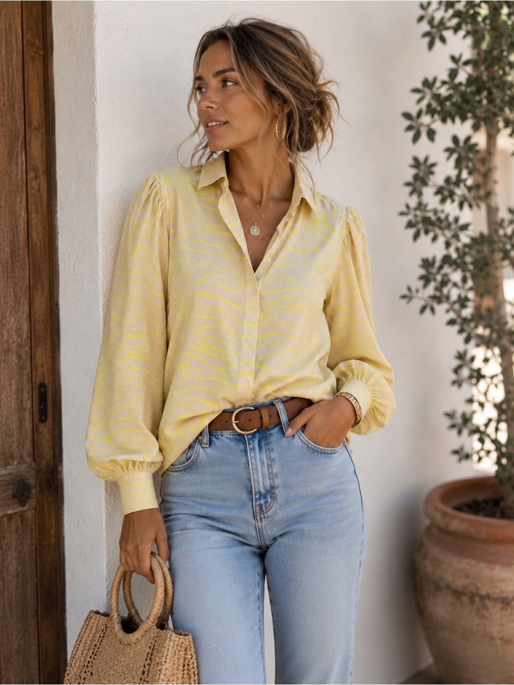 Sunlit Yellow Button-Down Shirt with Puff Sleeves